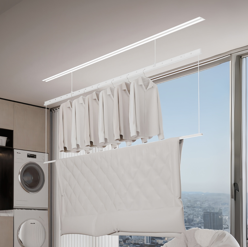 Smart Invisible Clothes Drying Rack -H115W-1309X-2XX- Dual Rod (1.5m), 3-Level Height, Wireless/Voice Control, LED Light, Dryer & Plasma Sterilization-海智集-