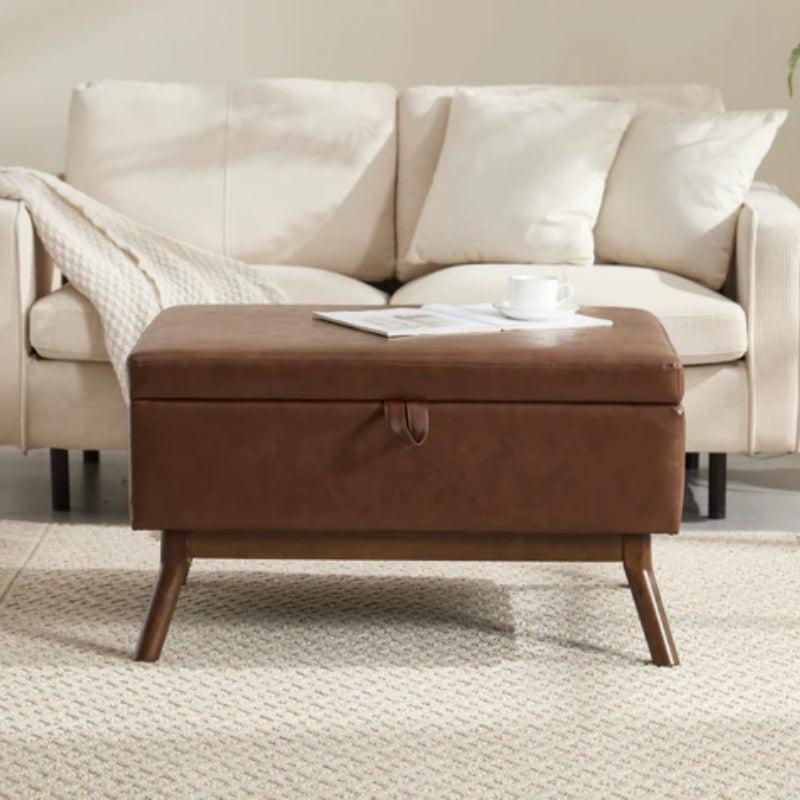 Mid-century modern square coffee table storage bench, assembled, suitable for living room, entryway and family room, used as a coffee table, stirrups, shoe bench-海智集-Default-