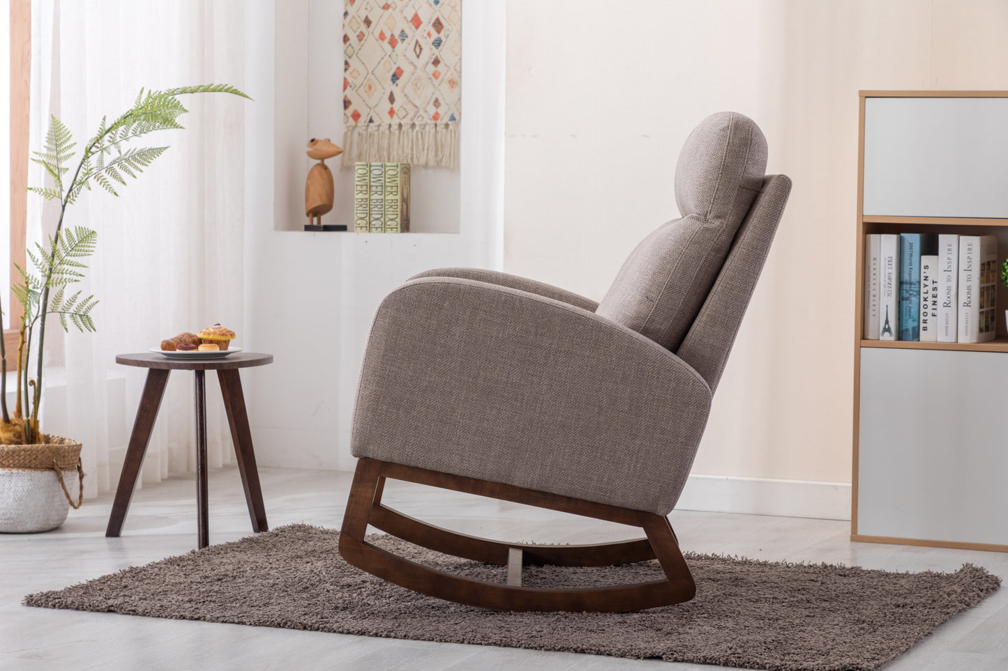 Rocking Chair, Modern Glider Chair, Recliner Armchair with Wood Legs and Side Pocket, Nursery Rocking Accent Chair with High Back for Living Room Bedroom (Grey linen)-海智集-Default-