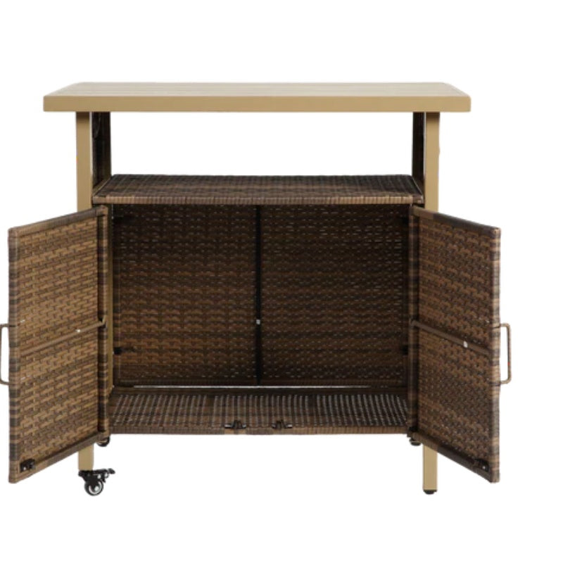 Outdoor Wicker Bar Cart, Patio Wine Serving Cart w/Wheels , Rolling Rattan Beverage Bar Counter Table w/Glass Top for Porch Backyard Garden Poolside Party, Light brown-海智集-Default-