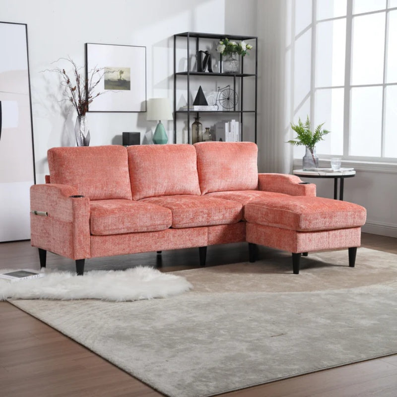 UNITED WE WIN Sofa for three, solid wood frame, Chenille fabric, side pocket, with two cup holders, footstool with storagestorage sofa /Living room sofa cozy sectional sofa-海智集-Default-