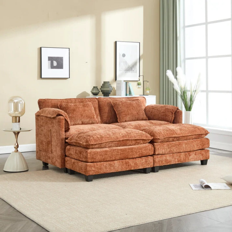 UNITED WE WIN Chenille fabric, removable armrests with side pockets, high density sponge filling, oversized double sofa with footstool-海智集-Default-