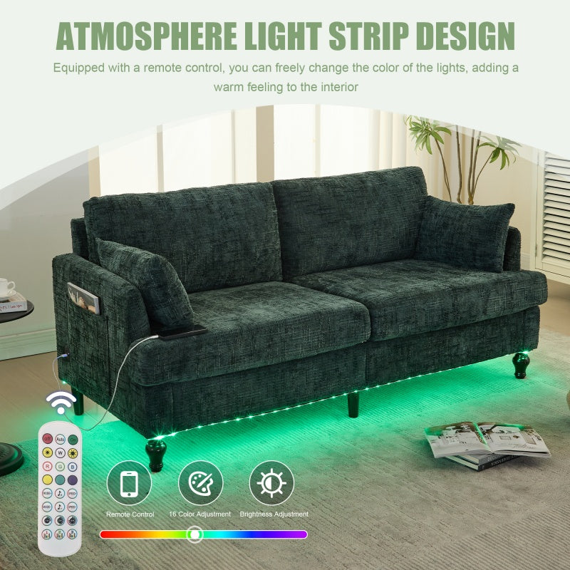 Modern Chenille 2-Seater Sofa with LED Light, USB Charging Port, and Storage Bag in Emerald-海智集-Default-