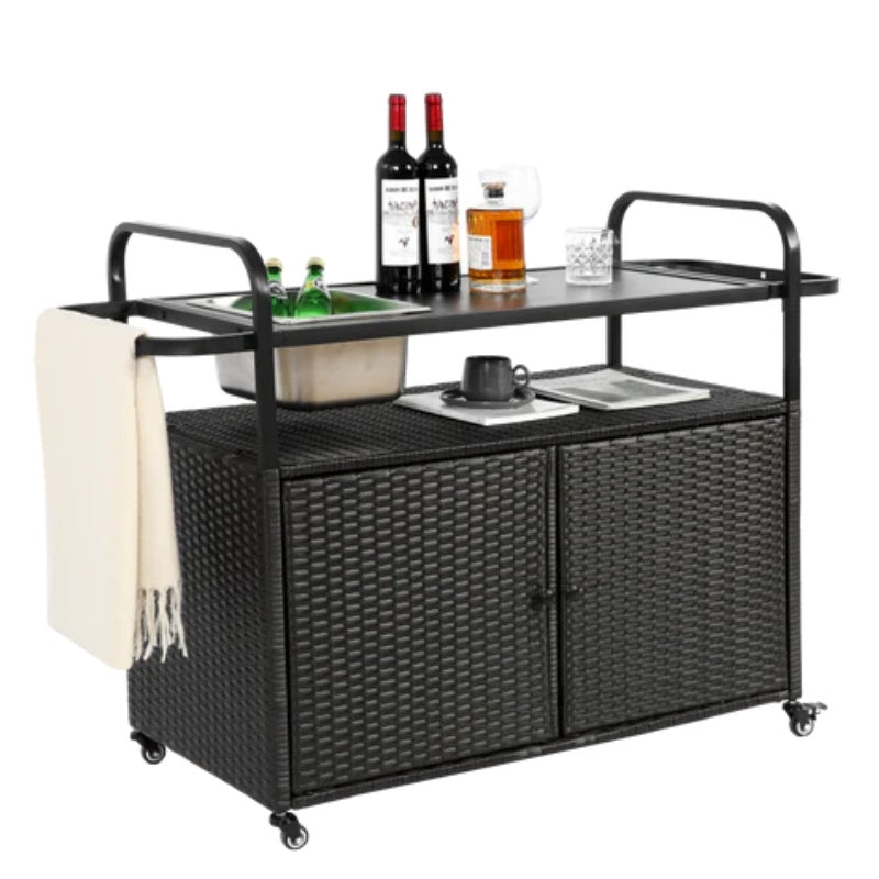 Outdoor Bar Table, Wicker Bar Cart with Cabinet, Patio Serving Cart with steel Top, with one ice bucket,Lockable Wheels, Side Basket for Garden, Poolside & Backyard, Black-海智集-Default-