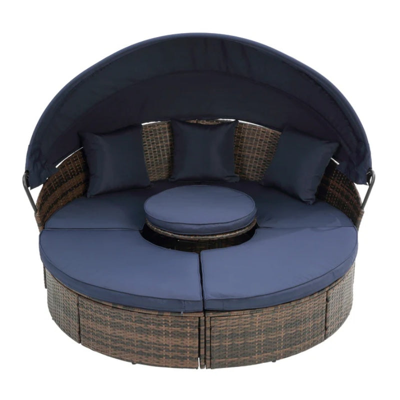 Hot Sale KD Rattan Round Lounge With Canopy Bali Canopy Bed Outdoor, Wicker Outdoor Sofa Bed with lift coffee table-海智集-Default-