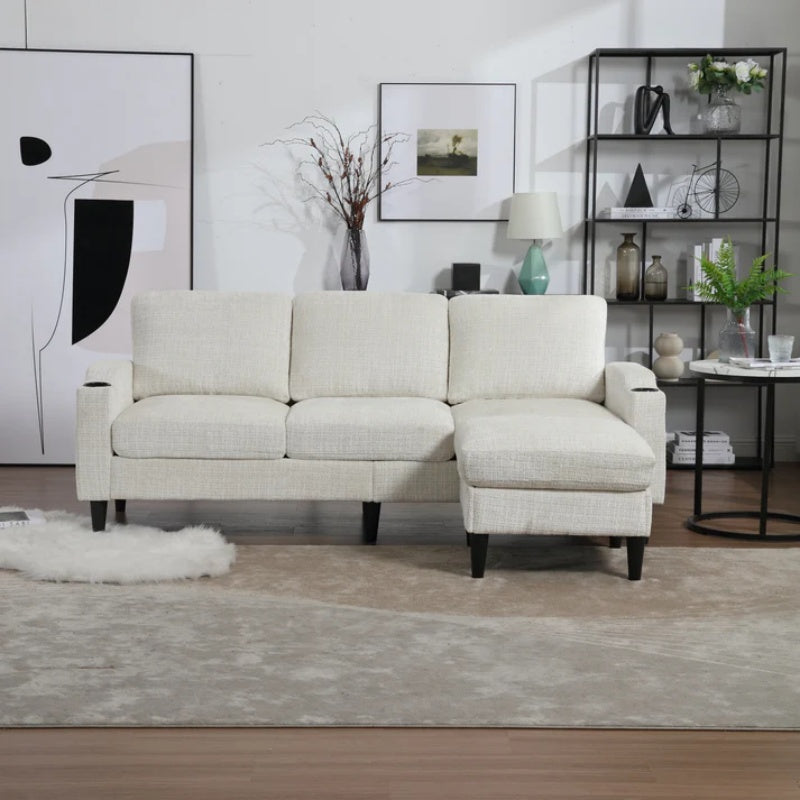 UNITED WE WIN Sofa for three, solid wood frame, Chenille fabric, side pocket, with two cup holders, footstool with storagestorage sofa /Living room sofa cozy sectional sofa-海智集-Default-