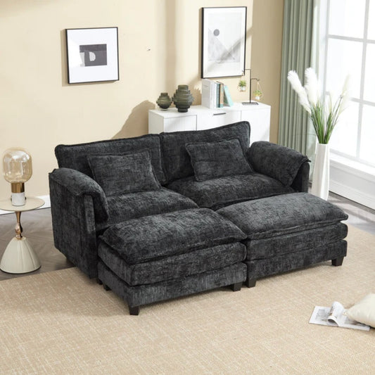 UNITED WE WIN Chenille fabric, solid construction, the overall structure of the sofa is stable, detachable armrests, two foot stools and two-seat sofa with side pockets-海智集-Default-