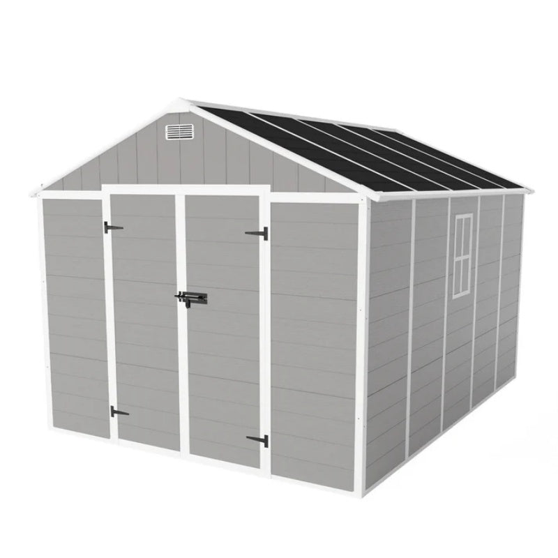 Campcraft 8*10ft resin storage shed, high quality pp material, strong structure, waterproof, rust and UV proof, large storage space, 12mm thick pp board, HD window lighting-海智集-Default-