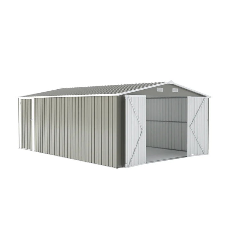 Campcraft Outdoor Storage Shed 10×14 FT with 3 Lockable Doors,Utility Tool Shed Metal Storage Garden Sheds Frame and 4 Vents,for Backyard,Patio,Lawn,Light Grey-海智集-Default-