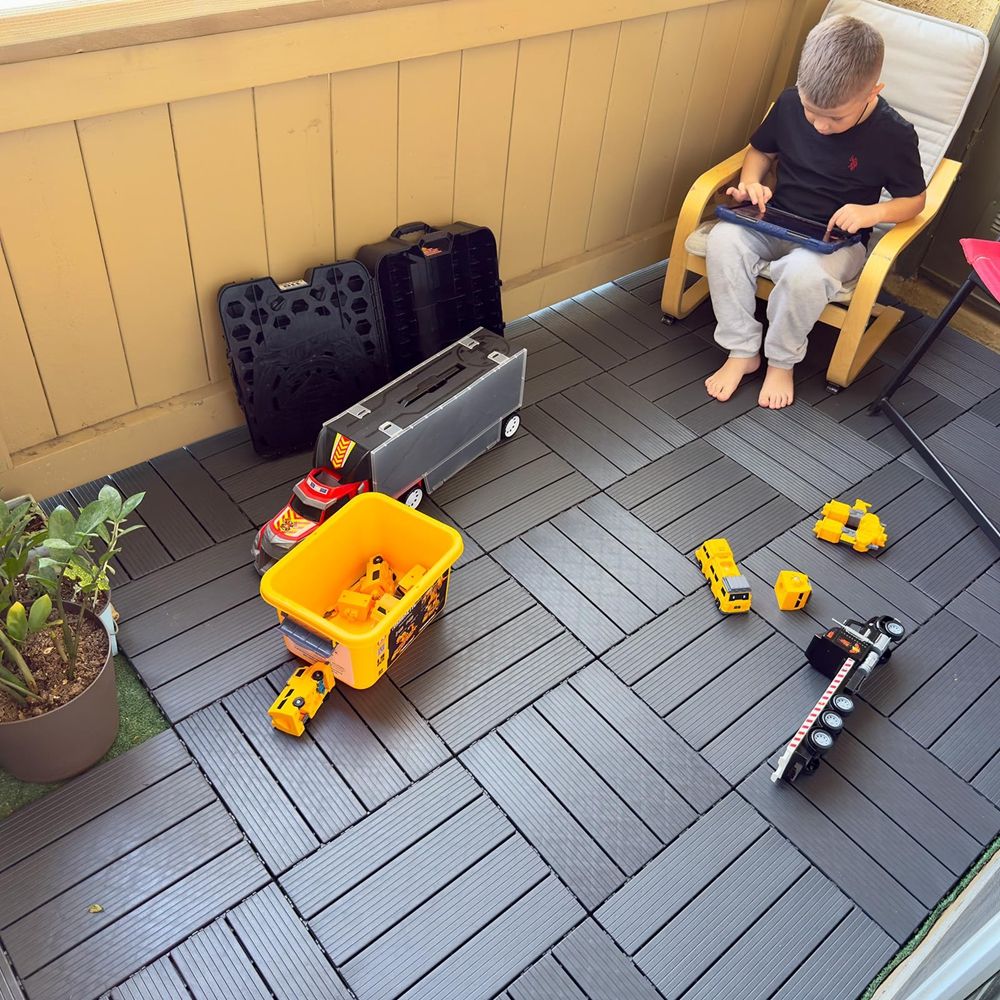 Black WPC Patio Deck Tiles Waterproof Outdoor Patio Floor Decking Tiles for Porch Poolside Balcony Backyard-海智集-