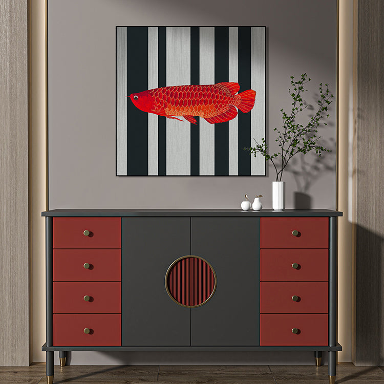 Commercial Suzhou Full Embroidery — framed, simulated silk, soft luster. Dual craftsmanship. Wholesale for decor firms, commercial use; home use too. Art decor for hotels, offices, residences.Golden Arowana - Crimson-海智集-