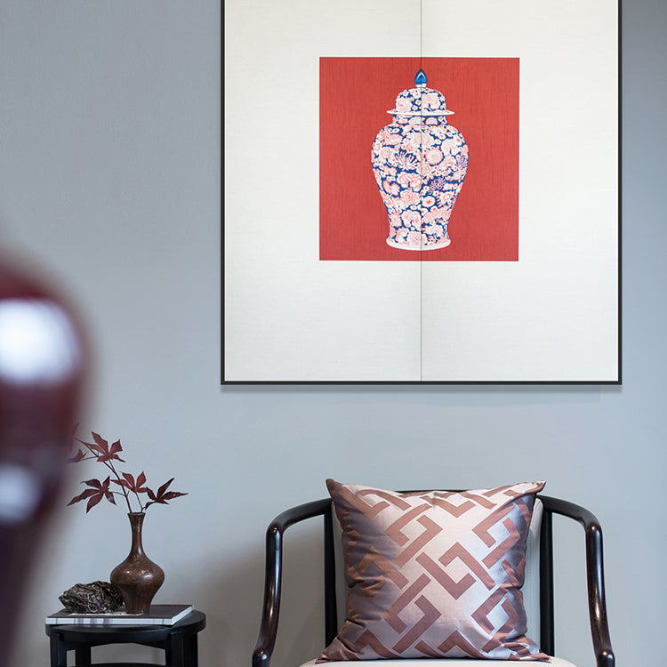 Commercial Suzhou Full Embroidery — framed, simulated silk, soft luster. Dual craftsmanship. Wholesale for decor firms, commercial use; home use too. Art decor for hotels, offices, residences.GorgeousBlue - and - White with Red AccentsⅠ-海智集-