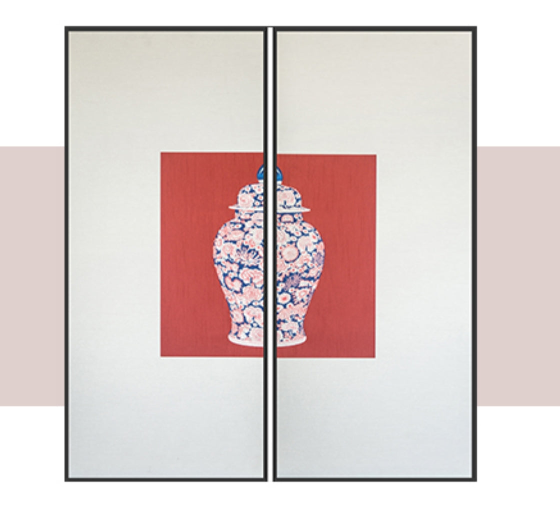 Commercial Suzhou Full Embroidery — framed, simulated silk, soft luster. Dual craftsmanship. Wholesale for decor firms, commercial use; home use too. Art decor for hotels, offices, residences.GorgeousBlue - and - White with Red AccentsⅡ-海智集-
