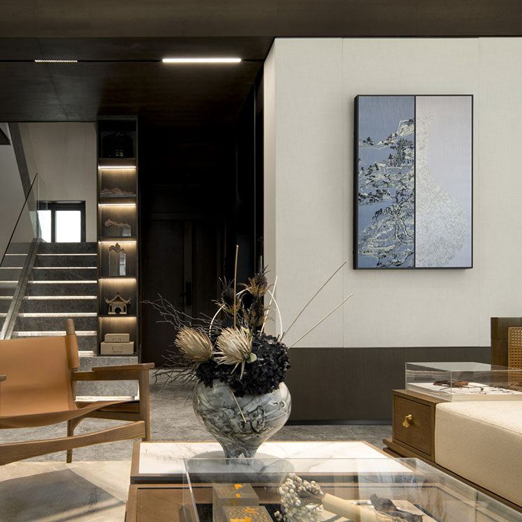 Commercial Suzhou Full Embroidery — framed, simulated silk, soft luster. Dual craftsmanship. Wholesale for decor firms, commercial use; home use too. Art decor for hotels, offices, residences.GorgeousLandscape Told by a Vase-海智集-