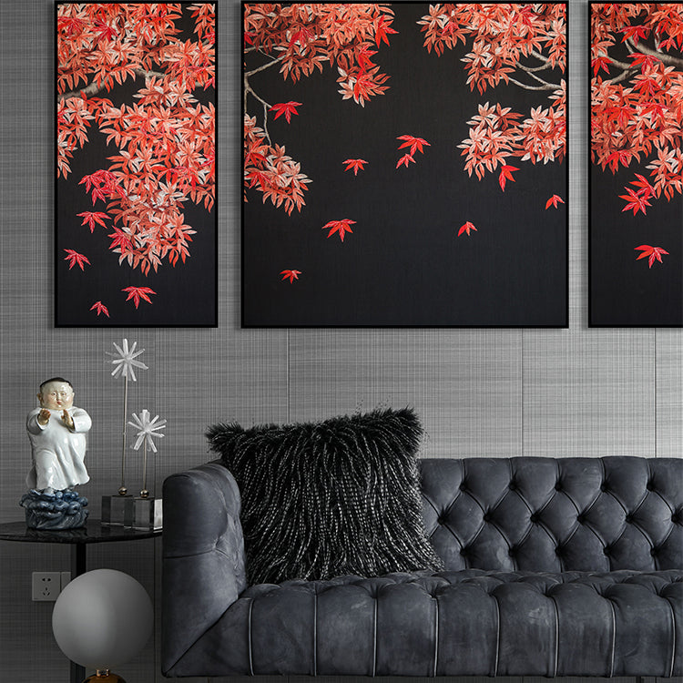 Commercial Suzhou Full Embroidery — framed, simulated silk, soft luster. Dual craftsmanship. Wholesale for decor firms, commercial use; home use too. Art decor for hotels, offices, residences.GorgeousMaple Leaves in Crimson-海智集-