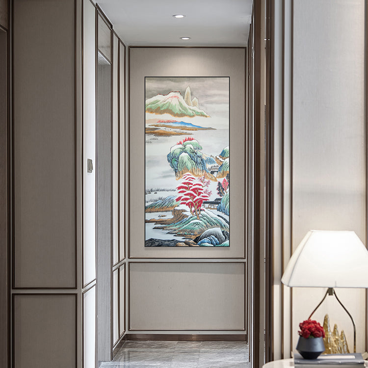 Commercial Suzhou Full Embroidery — framed, simulated silk, soft luster. Dual craftsmanship. Wholesale for decor firms, commercial use; home use too. Art decor for hotels, offices, residences.GorgeousSnowscape of Lake and Mountains-海智集-