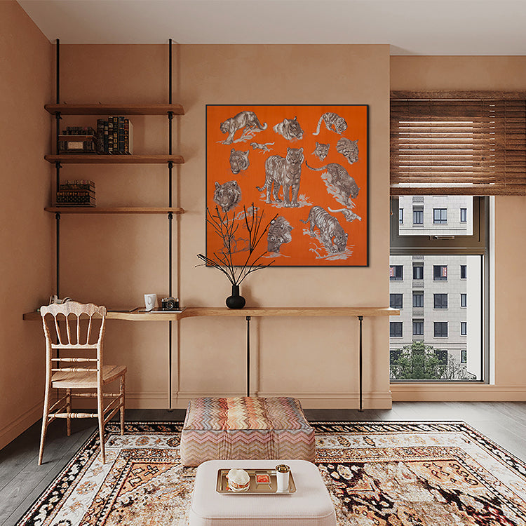 Commercial Suzhou Full Embroidery — framed, simulated silk, soft luster. Dual craftsmanship. Wholesale for decor firms, commercial use; home use too. Art decor for hotels, offices, residences.GorgeousTiger's Roar II-海智集-