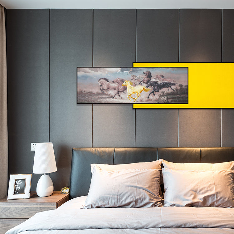 Commercial Suzhou Full Embroidery — framed, simulated silk, soft luster. Dual craftsmanship. Wholesale for decor firms, commercial use; home use too. Art decor for hotels, offices, residences.Picture of Eight Steeds-海智集-