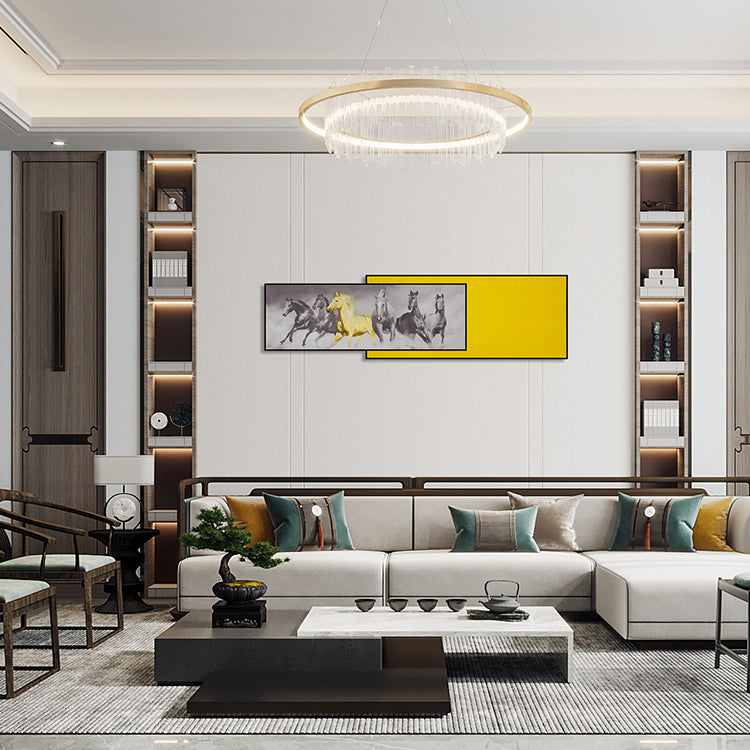 Commercial Suzhou Full Embroidery — framed, simulated silk, soft luster. Dual craftsmanship. Wholesale for decor firms, commercial use; home use too. Art decor for hotels, offices, residences.Picture of Six Steeds-海智集-