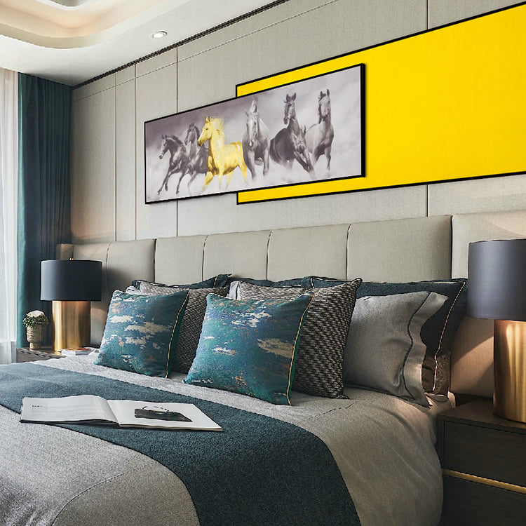 Commercial Suzhou Full Embroidery — framed, simulated silk, soft luster. Dual craftsmanship. Wholesale for decor firms, commercial use; home use too. Art decor for hotels, offices, residences.Picture of Six Steeds-海智集-