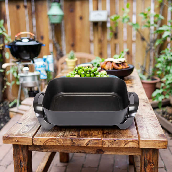1500W Electric Square Frying Pan Non-Stick Die-Cast Aluminum Cooking Surface Temperature Adjustable Mechanical Tempered Glass-海智集-