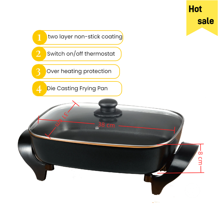 1500W Electric Square Frying Pan Non-Stick Die-Cast Aluminum Cooking Surface Temperature Adjustable Mechanical Tempered Glass-海智集-