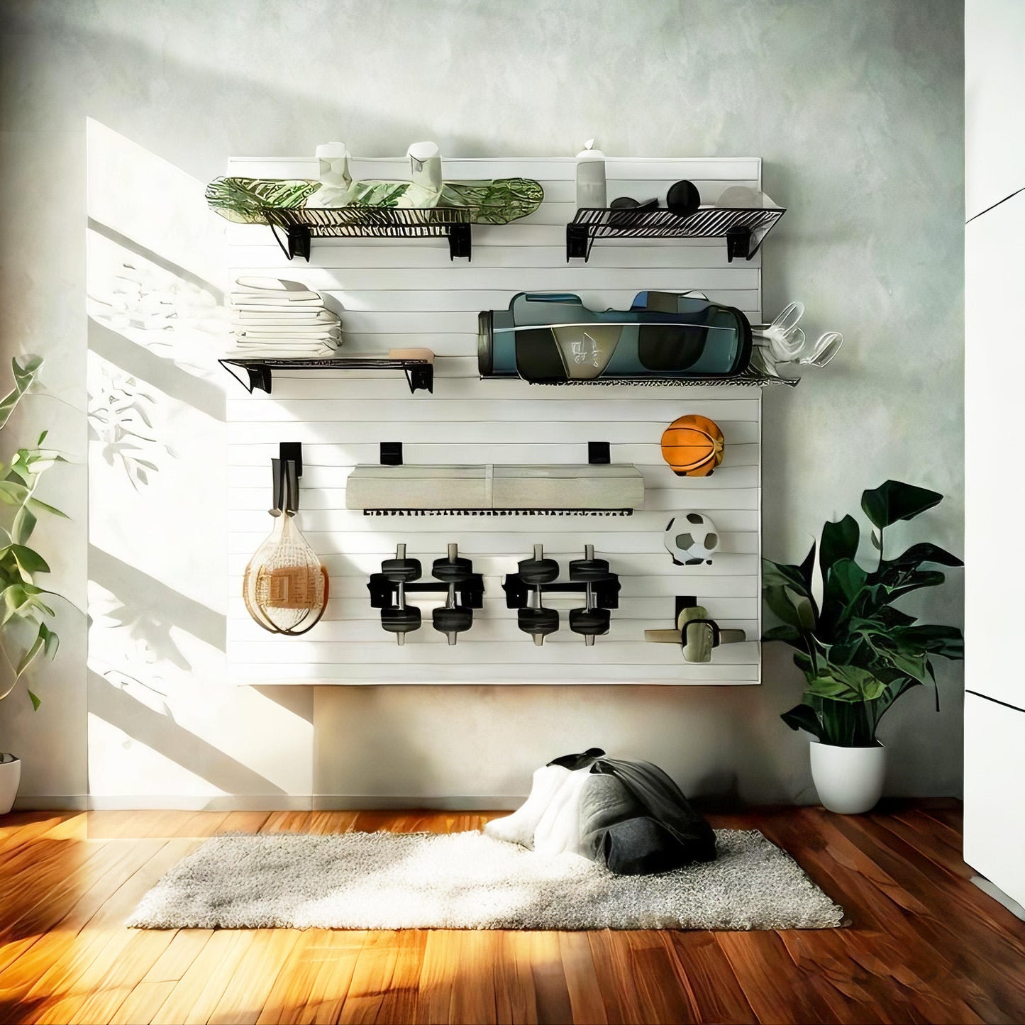 OEM Custom Interior Living Room Wood Slat Wall Storage Organizer Panels Garage Tool Storage Waterproof Wall Storage Panel