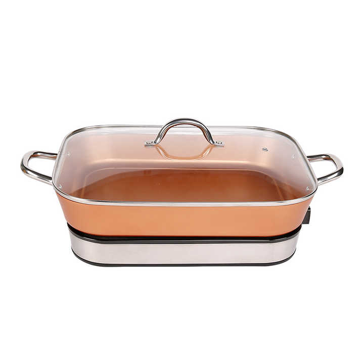 Aluminum Multifunctional Portable Electric Non Stick Frying Pan Golden for Kitchen Metal Tempered Glass OEM Square 1500 220-海智集-