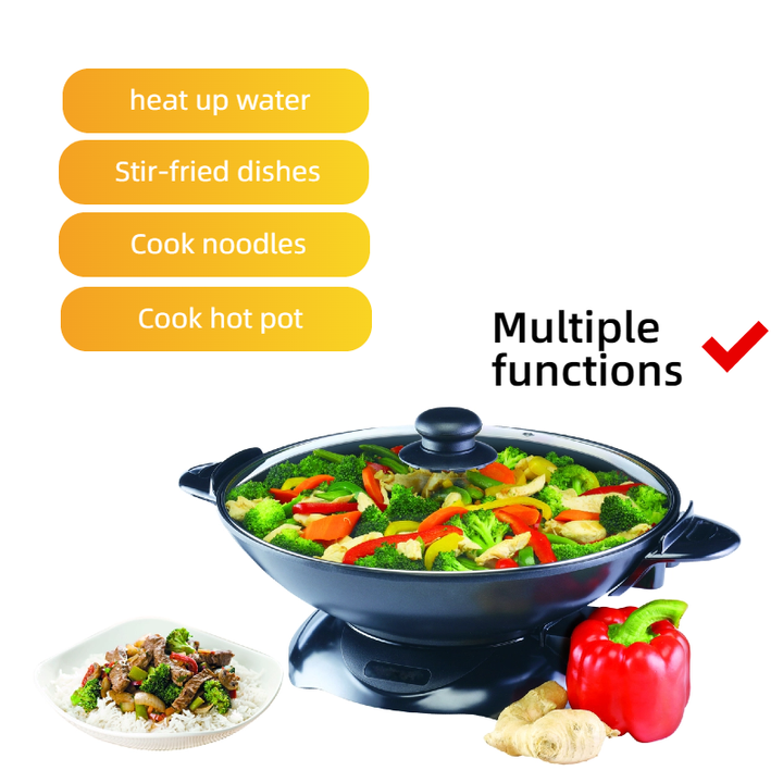 Round Non-Stick Electric Wok with Self-Control Thermostat Aluminum Glass Lid Multifunction for Household Hotel Use-海智集-