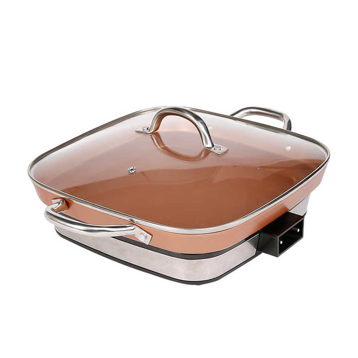Multifunctional Electric Fry Pan Tempered Glass Lid Non Stick Copper Detachable Aluminum Electric Skillet-海智集-