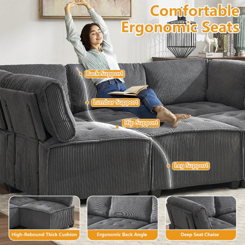 UNITED WE WIN Modular Sectional Sofa U Shaped Modular Couch with Reversible Chaise Modular Sofa Sectional Couch,6- Seat Convertible Sofa,Fit for Living Room-海智集-Default-