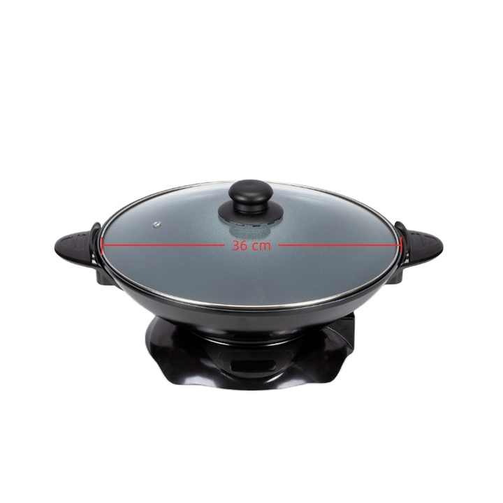 Round Non-Stick Electric Wok with Self-Control Thermostat Aluminum Glass Lid Multifunction for Household Hotel Use-海智集-