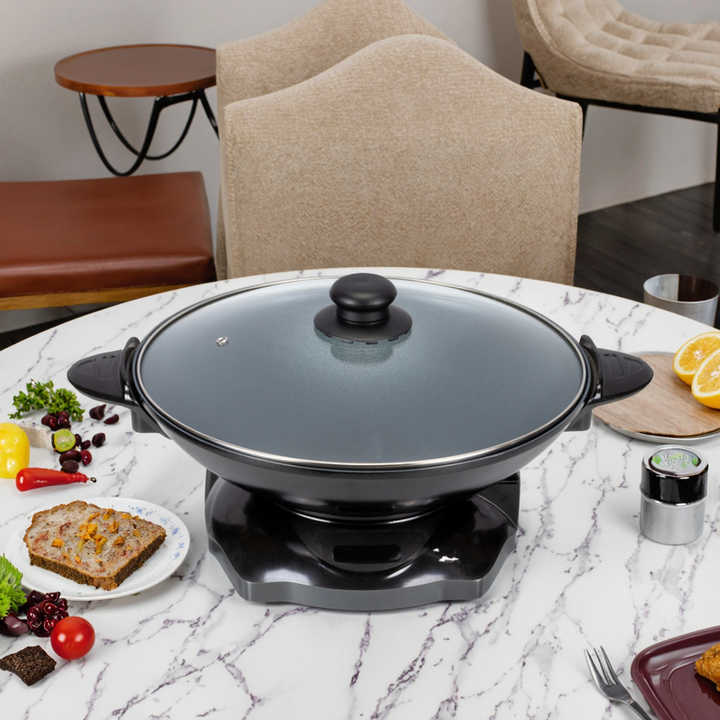 Round Non-Stick Electric Wok with Self-Control Thermostat Aluminum Glass Lid Multifunction for Household Hotel Use-海智集-