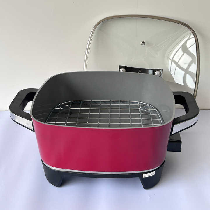 FH-1403C Electric Skillet Smokeless Die-Cast Cooking Pot with Aluminum Lid for US Plug Round/Square Household Frying Pan-海智集-