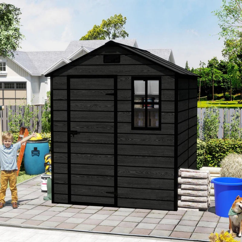 Campcraft 6*6ft resin storage shed, high quality pp material, strong structure, waterproof, rust and UV proof, large storage space, 12mm thick pp board, HD window lighting Black wood grain color-海智集-Default-