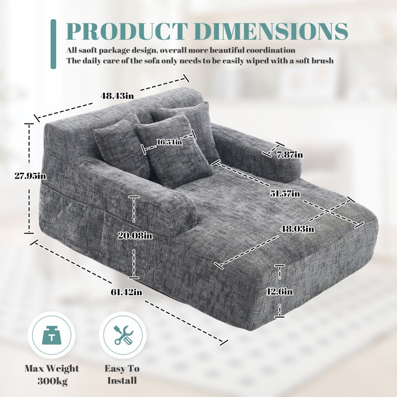 Chenille Interior Lazy Sofa Chaise Longue Armchair with Three Pillows and Armrests in Grey-海智集-Default-