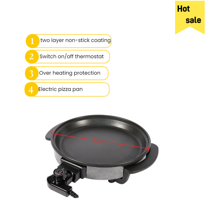 32cm Two-Layer Non-Stick Electric Pizza Pan with 1500w Aluminum Lid Tempered Glass Cover for Household Use OEM PTFE-海智集-