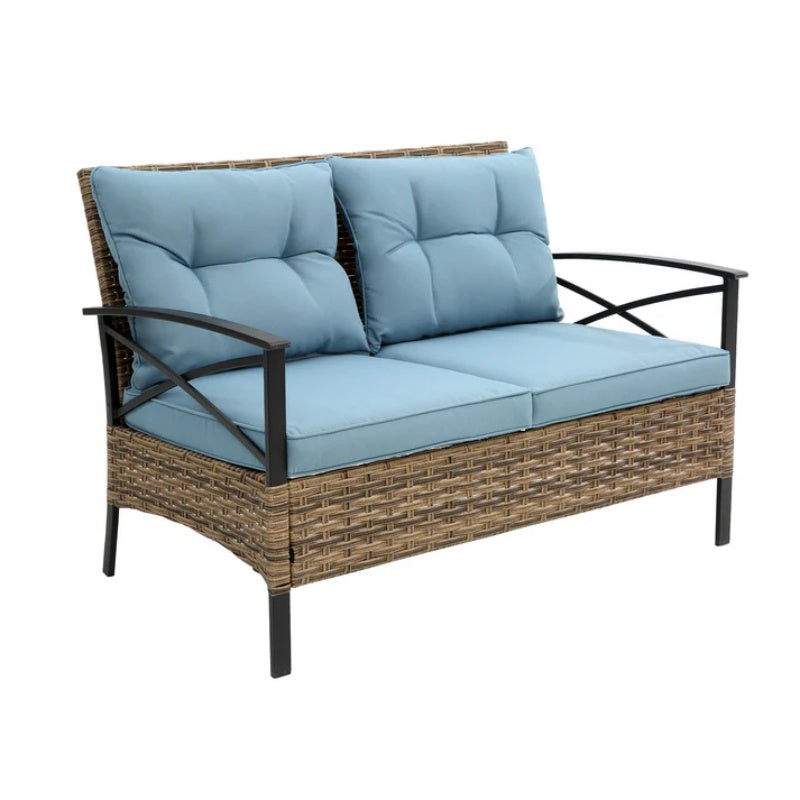 Patio 4 piece sectional low dining conversation sofa set- KD rattan wicker outdoor garden furniture corner sofa set with cushion.-海智集-Default-