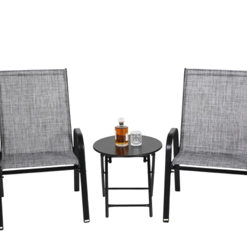 3 Piece Patio set, Outdoor Camping Chairs with Breathable Textilene Fabric, folding table with steel table top, 2chairs and 1table set ( Grey)-海智集-Default-