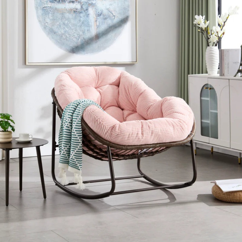 Outdoor Rattan Rocking Chair,Padded Cushion Rocker Recliner Chair Outdoor for Front Porch, Living Room, Patio, Garden, Pink-海智集-Default-