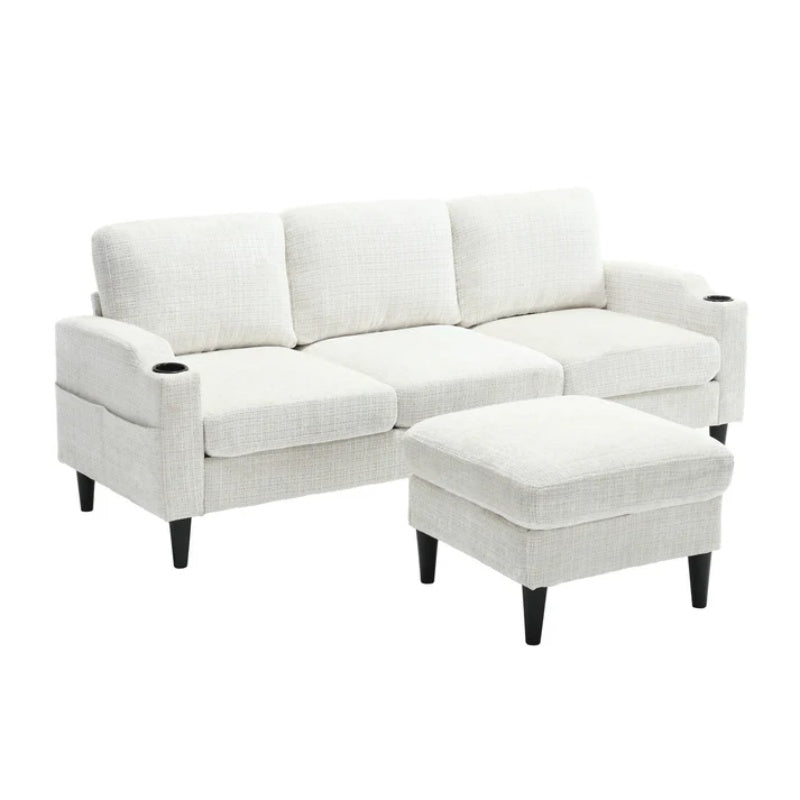 UNITED WE WIN Sofa for three, solid wood frame, Chenille fabric, side pocket, with two cup holders, footstool with storagestorage sofa /Living room sofa cozy sectional sofa-海智集-Default-