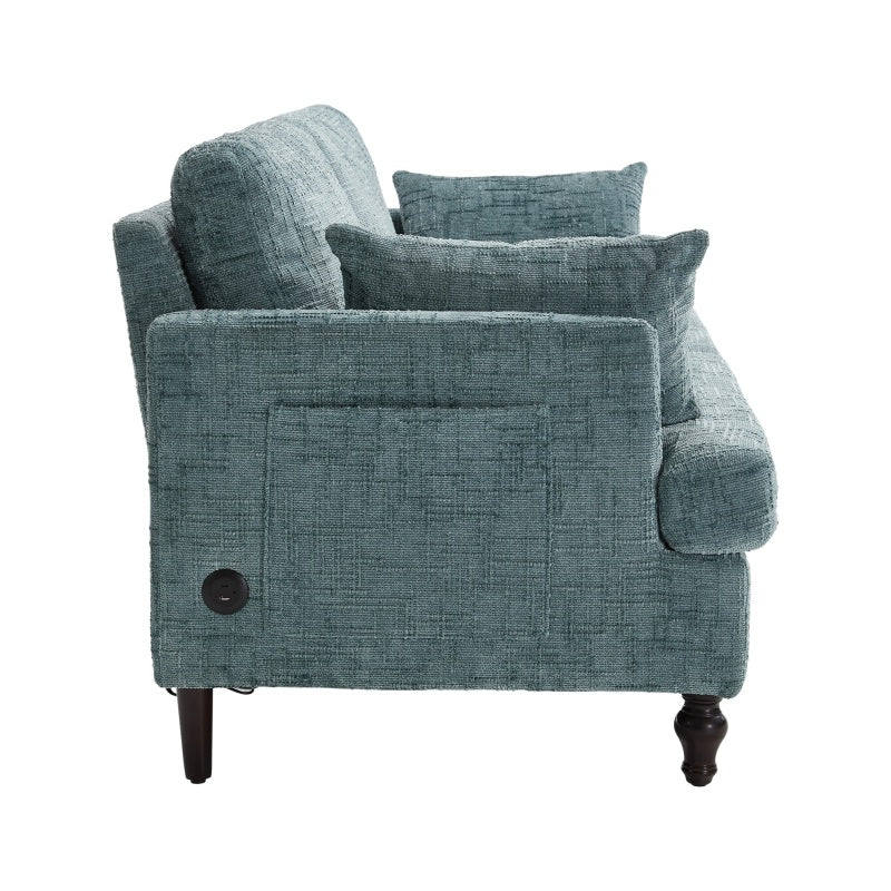 Modern Style Chenille 2-Seater Wood-Legged Sofa with LED Light, USB Charging Port and Storage Bag in Lake Blue-海智集-Default-
