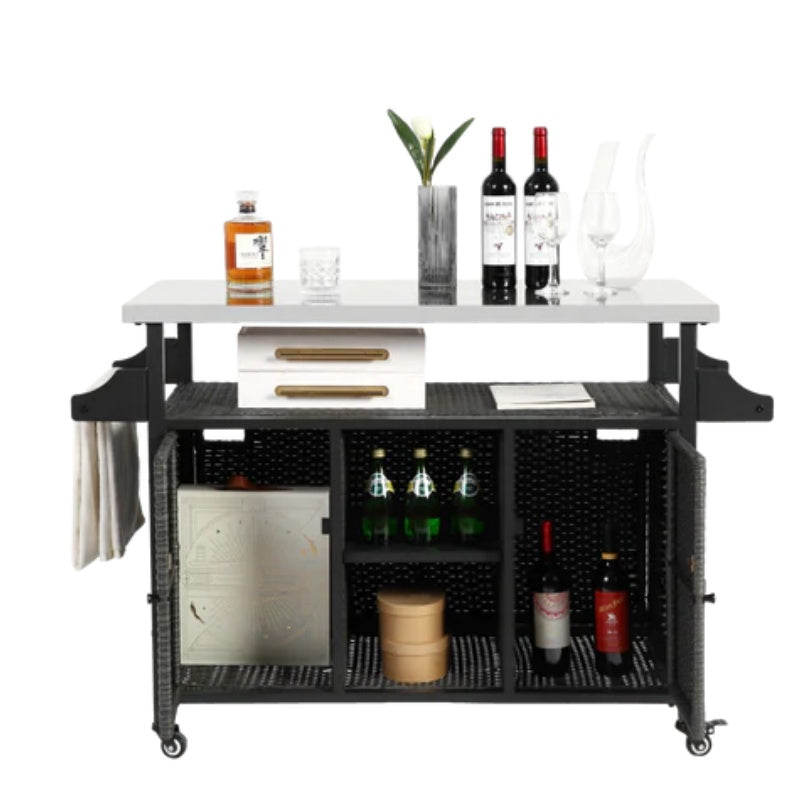 Large bar cart,Outdoor Kitchen Wicker Island Rolling Cart & Storage Cabinet, Wheels and Stainless Steel Extended Table Top, Side Handle for Patio Kitchen or Bar Cart, Grey-海智集-Default-