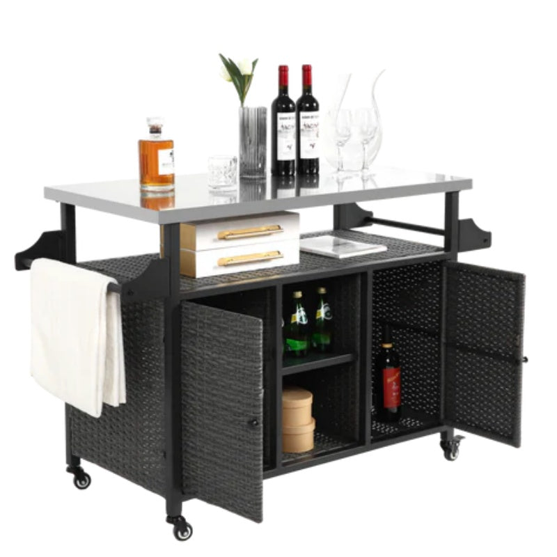 Large bar cart,Outdoor Kitchen Wicker Island Rolling Cart & Storage Cabinet, Wheels and Stainless Steel Extended Table Top, Side Handle for Patio Kitchen or Bar Cart, Grey-海智集-Default-