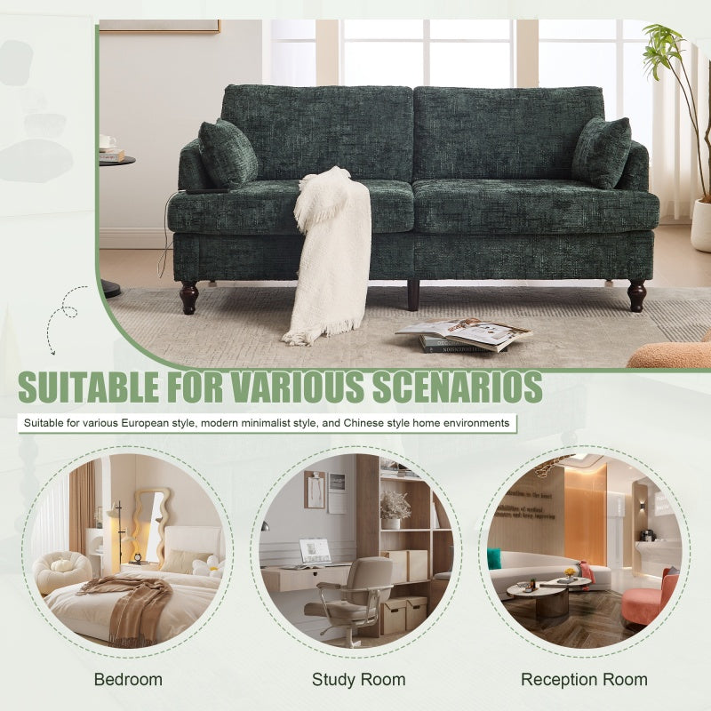 Modern Chenille 2-Seater Sofa with LED Light, USB Charging Port, and Storage Bag in Emerald-海智集-Default-