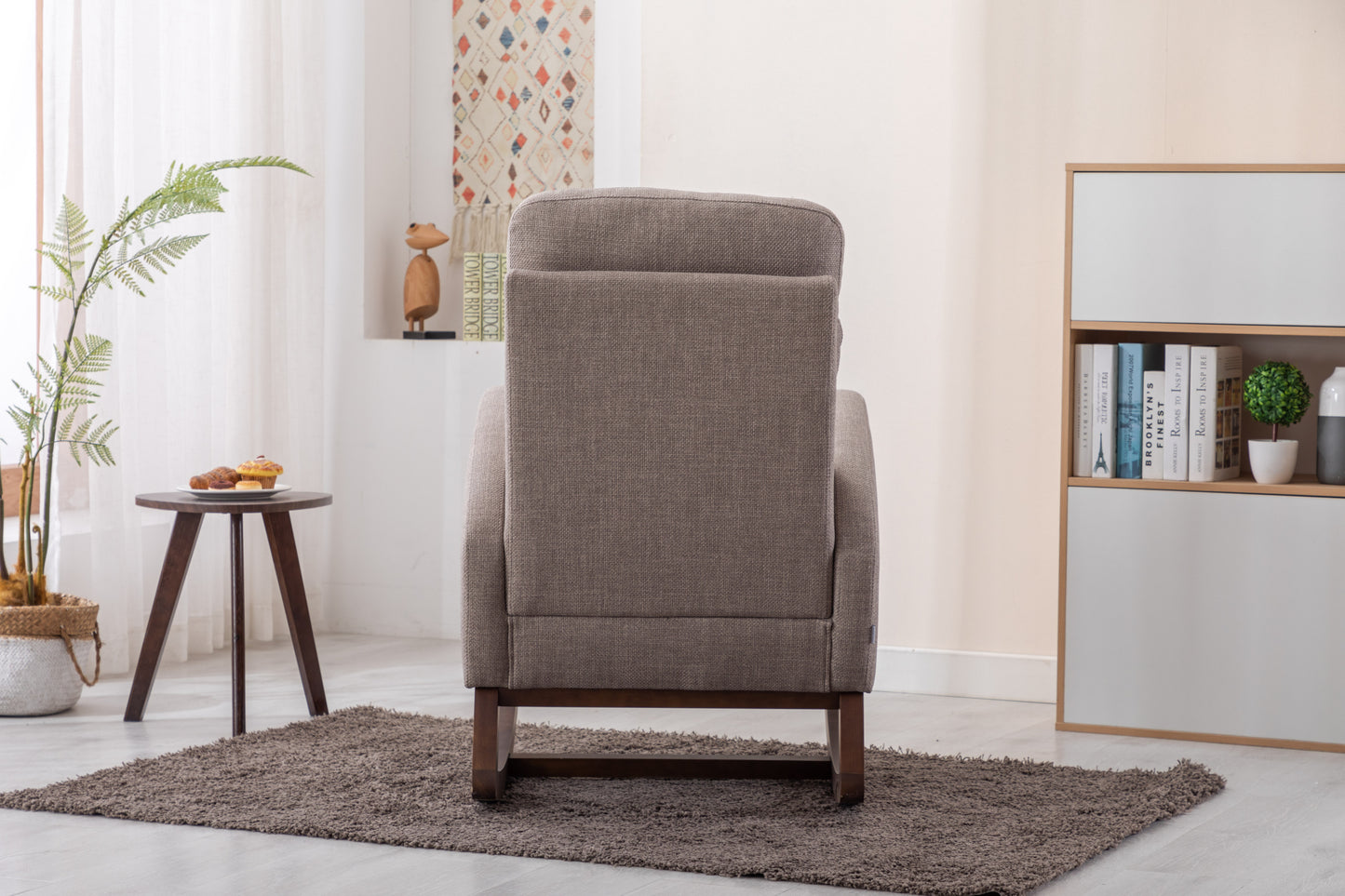 Rocking Chair, Modern Glider Chair, Recliner Armchair with Wood Legs and Side Pocket, Nursery Rocking Accent Chair with High Back for Living Room Bedroom (Grey linen)-海智集-Default-