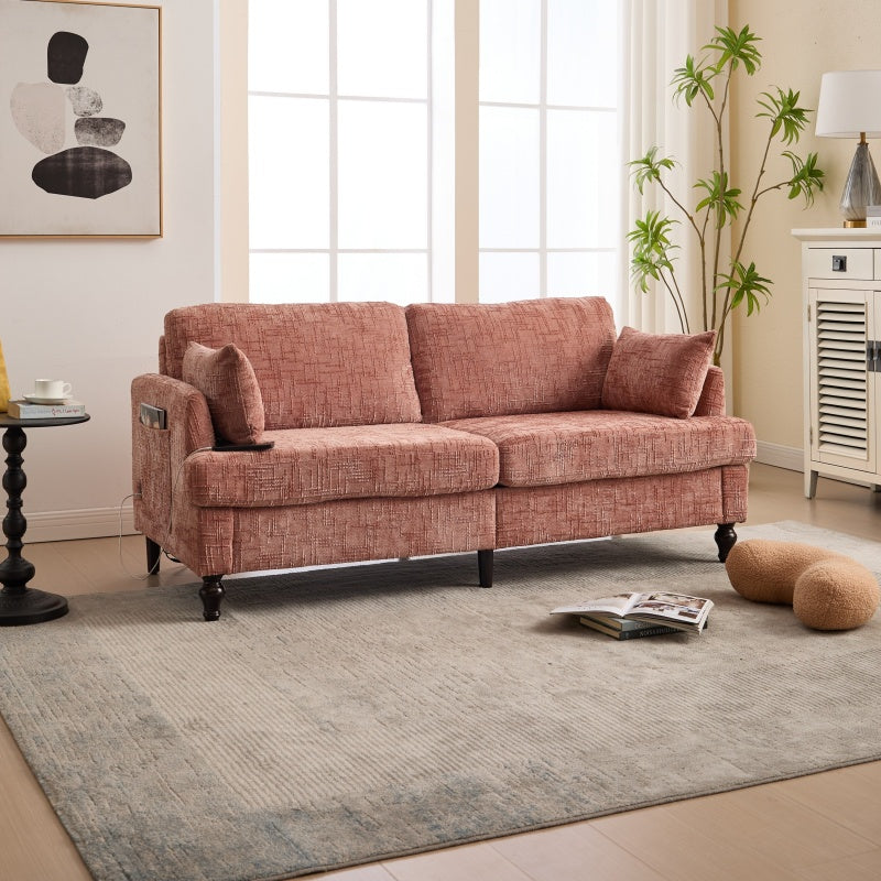 Modern Chenille 2-Seater Sofa with LED Light, USB Port, and Storage Bag in Pink-海智集-Default-