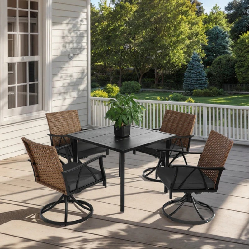 5 Piece Patio Dining Set for 4,Outdoor Wicker Furniture Set for Backyard Garden Deck Poolside with 4 Cushions Swivel Rocker Chairs,steel Table Top, Removable Cushions-海智集-Default-