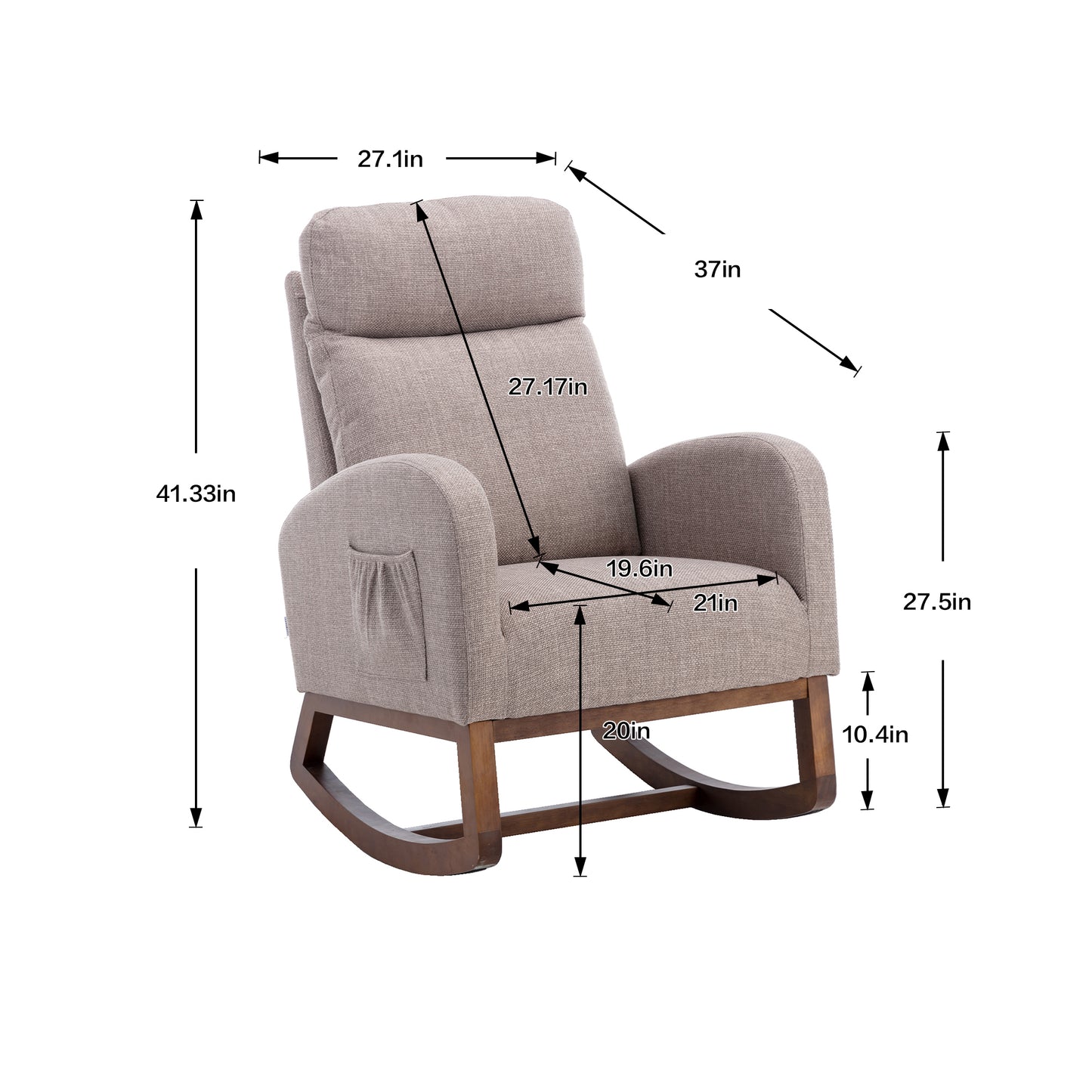 Rocking Chair, Modern Glider Chair, Recliner Armchair with Wood Legs and Side Pocket, Nursery Rocking Accent Chair with High Back for Living Room Bedroom (Grey linen)-海智集-Default-