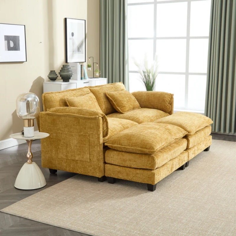 UNITED WE WIN Chenille fabric, solid construction, the overall structure of the sofa is stable, detachable armrests, two foot stools and two-seat sofa with side pockets-海智集-Default-